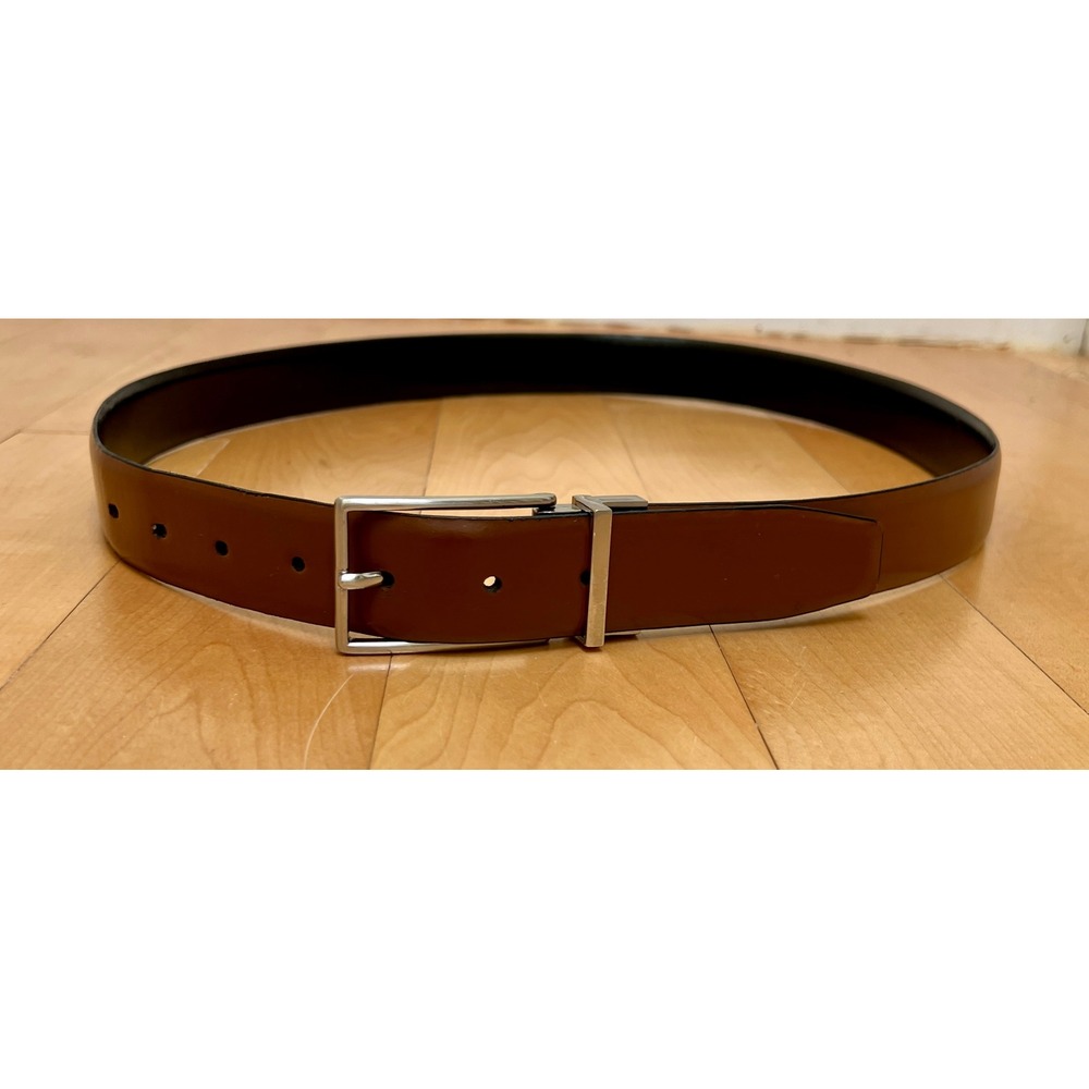 Belt Mens L 38-40 Brown Black Reversible Genuine Leather Silver Buckle Flaw